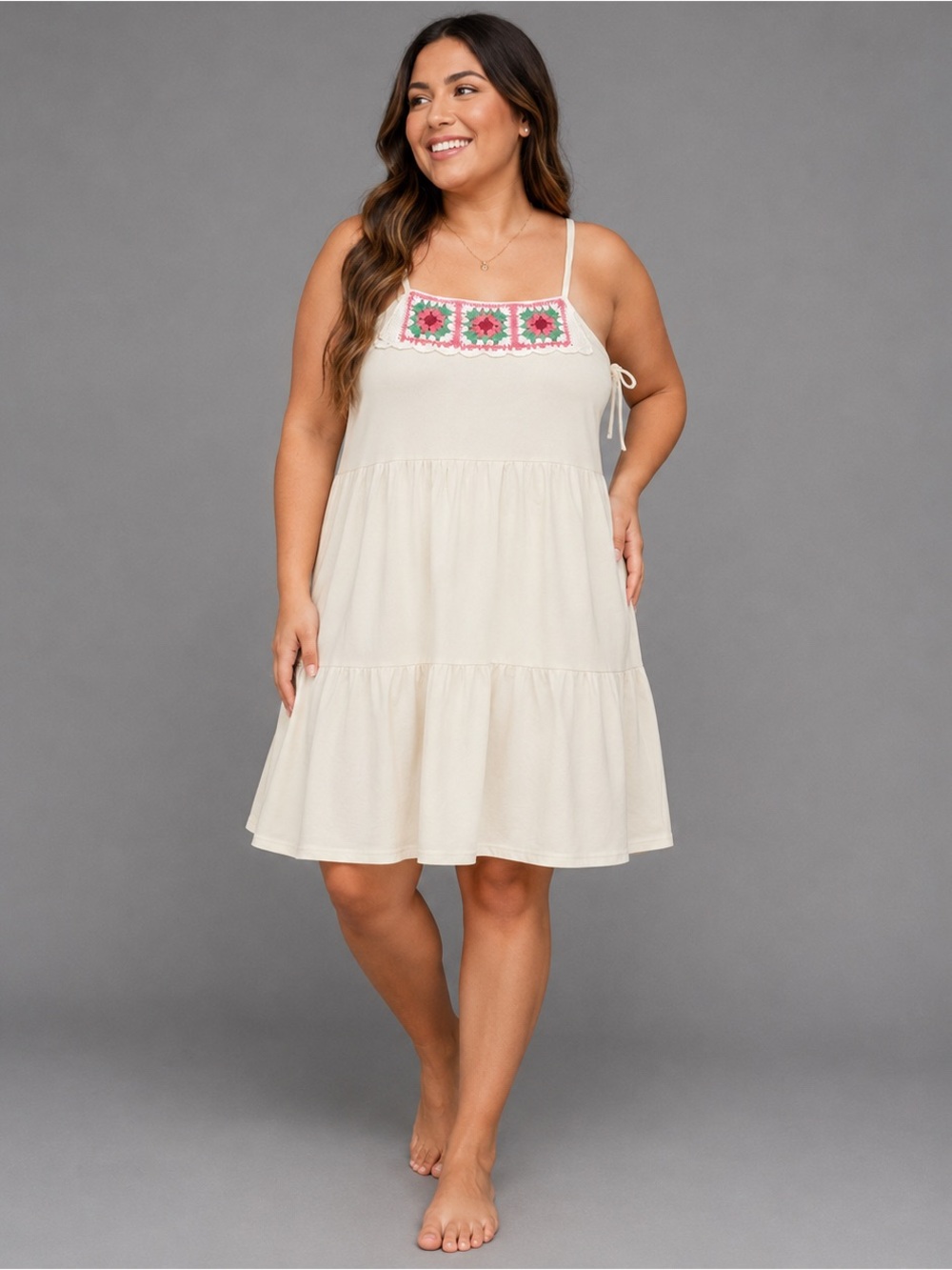 BTWEEN Women’s Cream Embroidered Tiered Sleeveless Dress Size 12 Boho Floral